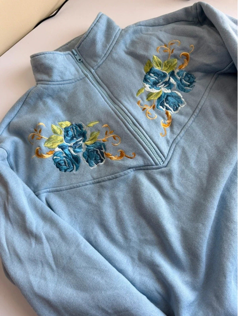 Vintage Basic Editions Size XL Blue Floral Embroidered Quarter Zip Sweatshirt